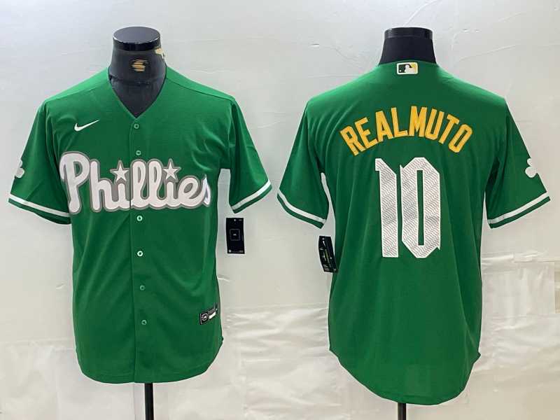 Mens Philadelphia Phillies #10 JT Realmuto Kelly Green Cool Base Jersey->philadelphia phillies->MLB Jersey